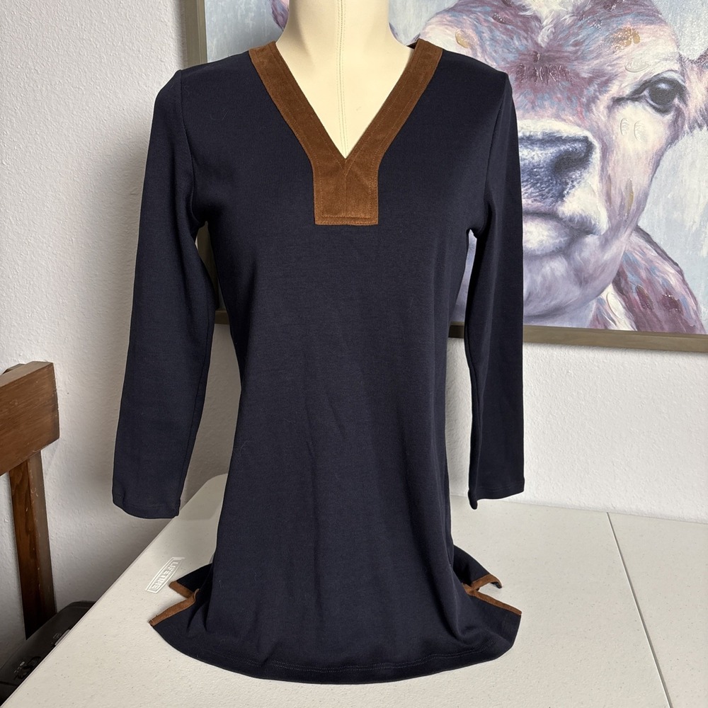 Lauren Ralph Lauren Women's Small Long 3/4 Sleeve Navy Blue Faux Suede Blouse